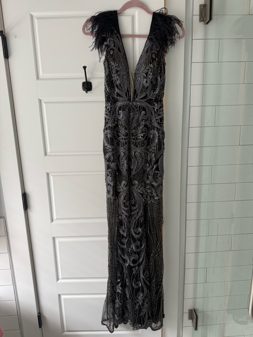 Black Embellished Feather-Trim Maxi Dress